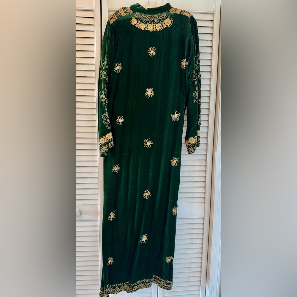 Vintage Elegant Indian Green Velvet Dress with Gold Detailing - Picture 4 of 12